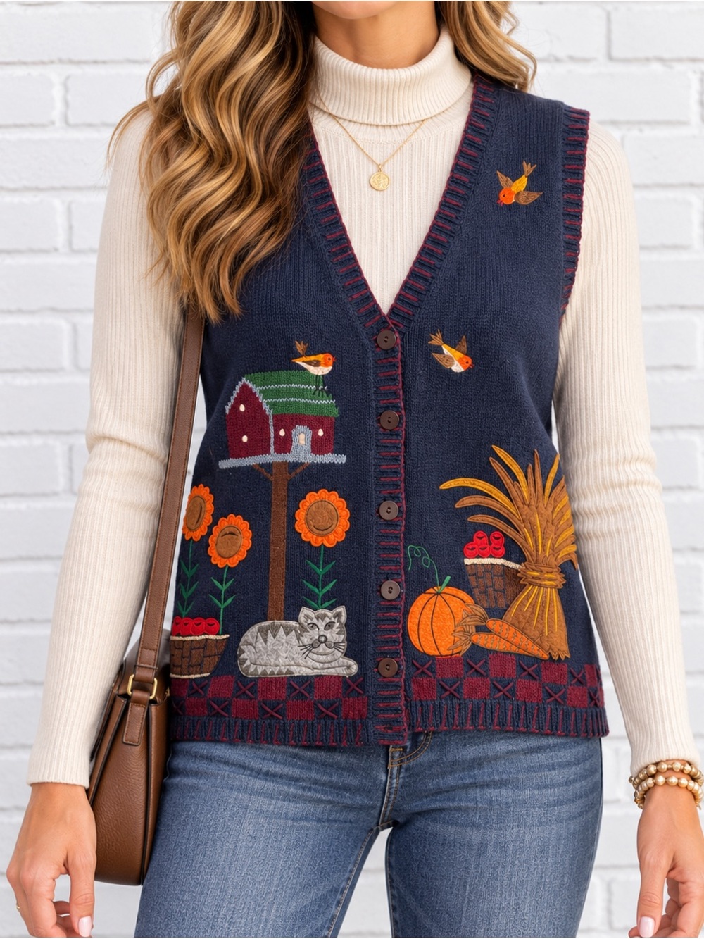 Vintage Capacity Ramie Cotton Fall Harvest Cat Sweater Vest Small